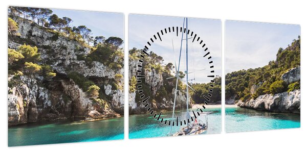 Obraz - Plaża z żaglówką (z zegarem) (90x30 cm)