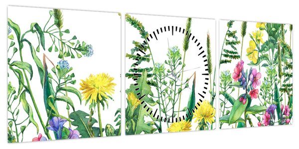 Obraz - Malowane kwiaty łąkowe (z zegarem) (90x30 cm)