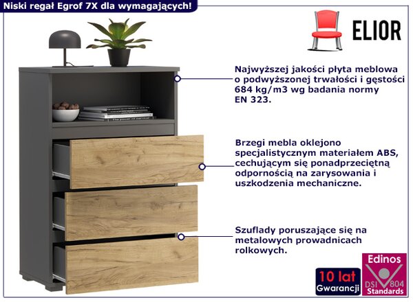 Regał na nóżkach z gładkimi frontami antracyt + dąb craft P1-G94