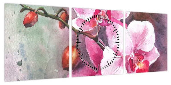 Obraz - Orchidee, akwarela (z zegarem) (90x30 cm)
