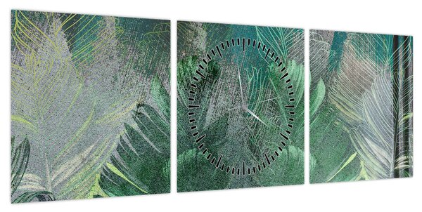 Obraz - Tekstura betonu z liśćmi (z zegarem) (90x30 cm)