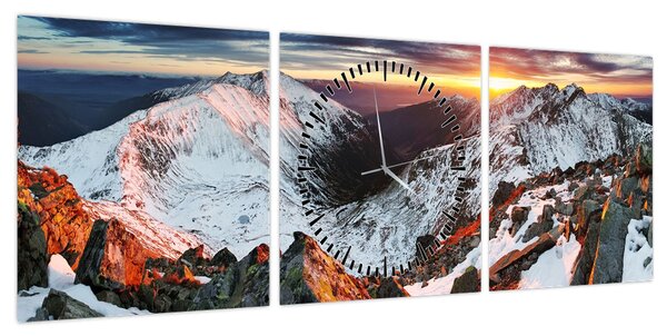 Obraz - Zimowa panorama górska (z zegarem) (90x30 cm)