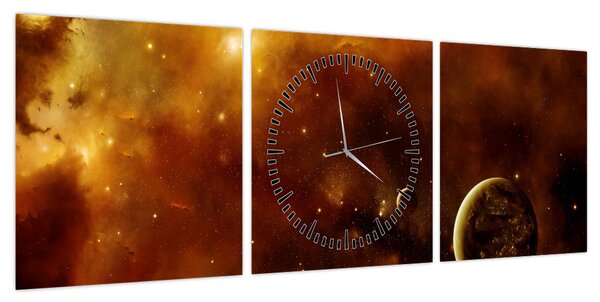 Obraz - Planety z mgławicą (z zegarem) (90x30 cm)