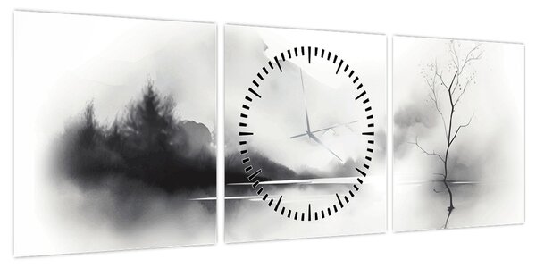 Obraz - Malowany tuszem krajobraz (z zegarem) (90x30 cm)