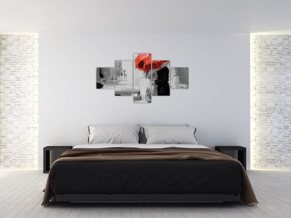 Obraz - Zakochana para pod parasolem, czerwony (125x70 cm)