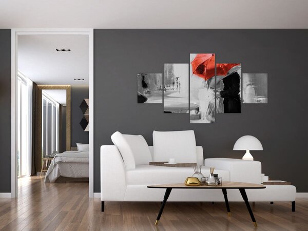 Obraz - Zakochana para pod parasolem, czerwony (125x70 cm)