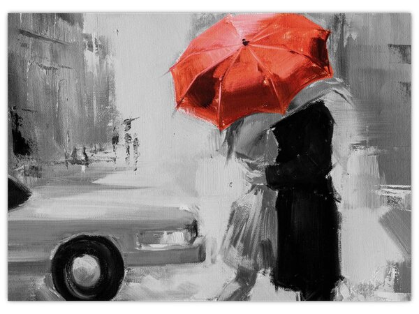 Obraz - Zakochana para pod parasolem, czerwony (70x50 cm)