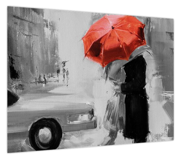 Obraz - Zakochana para pod parasolem, czerwony (70x50 cm)