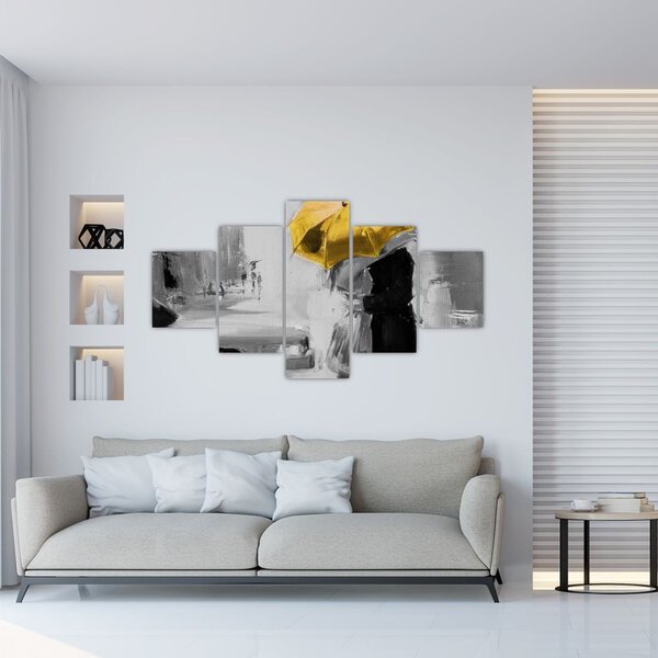 Obraz - Zakochana para pod parasolem, żółty (125x70 cm)