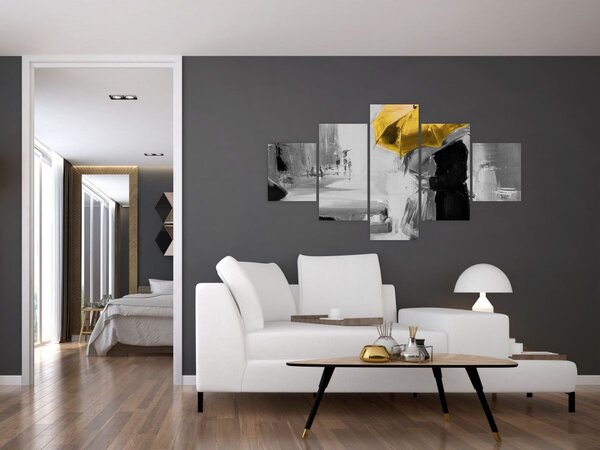 Obraz - Zakochana para pod parasolem, żółty (125x70 cm)