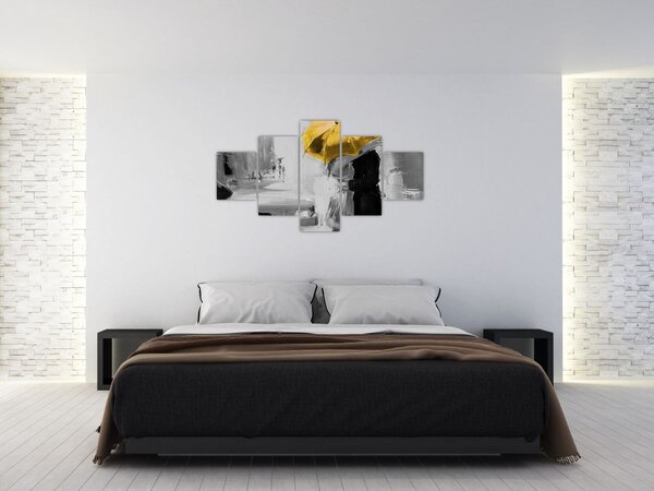 Obraz - Zakochana para pod parasolem, żółty (125x70 cm)