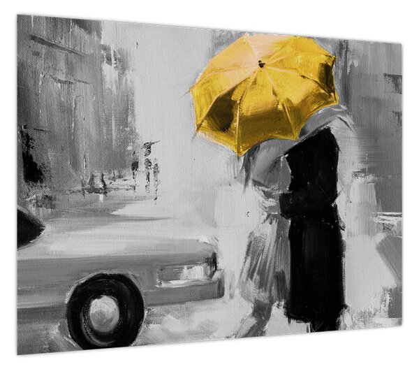 Obraz - Zakochana para pod parasolem, żółty (70x50 cm)