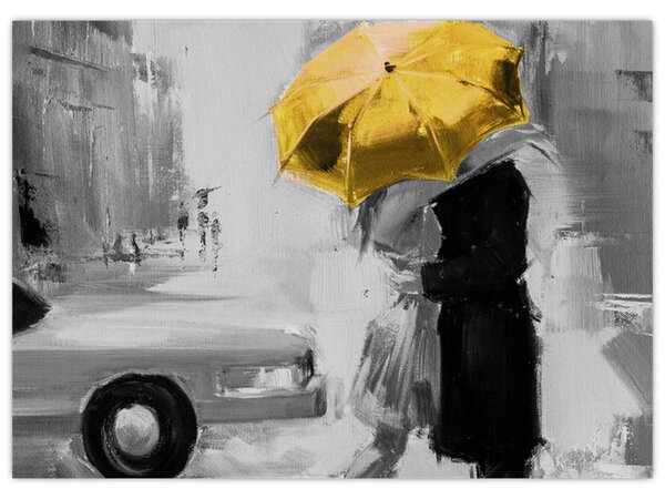 Obraz - Zakochana para pod parasolem, żółty (70x50 cm)
