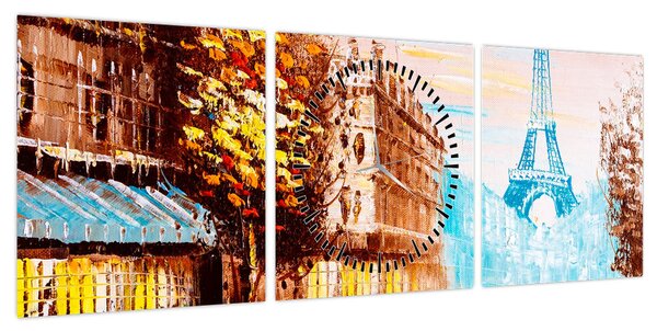 Obraz - Deszczowa pogoda i wieża Eiffla (z zegarem) (90x30 cm)