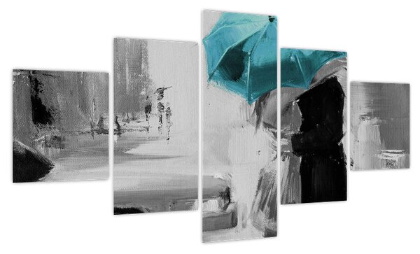 Obraz - Zakochana para z parasolem, niebieski (125x70 cm)