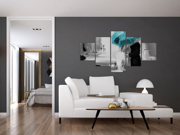 Obraz - Zakochana para z parasolem, niebieski (125x70 cm)