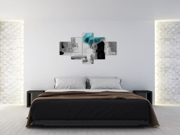 Obraz - Zakochana para z parasolem, niebieski (125x70 cm)