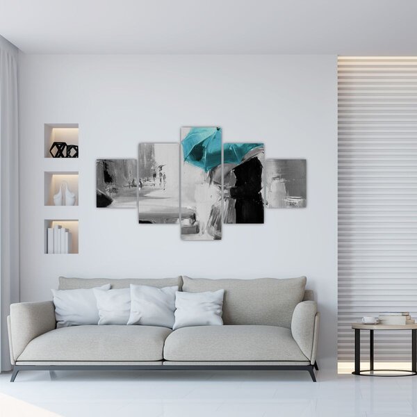 Obraz - Zakochana para z parasolem, niebieski (125x70 cm)