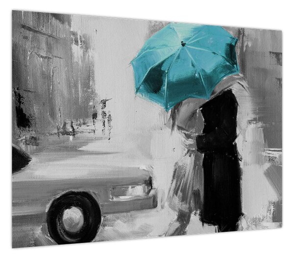 Obraz - Zakochana para z parasolem, niebieski (70x50 cm)