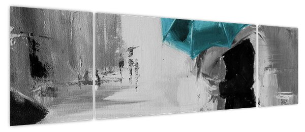 Obraz - Zakochana para z parasolem, niebieski (170x50 cm)