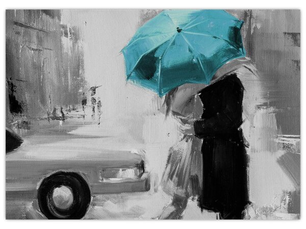 Obraz - Zakochana para z parasolem, niebieski (70x50 cm)
