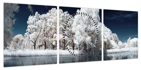 Obraz - Śnieżnobiałe drzewa (z zegarem) (90x30 cm)