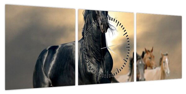Obraz - Konie (z zegarem) (90x30 cm)