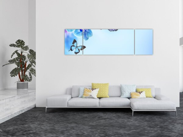 Obraz - Motyl na kwiatach orchidei, niebieski (170x50 cm)