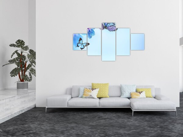 Obraz - Motyl na kwiatach orchidei, niebieski (125x70 cm)