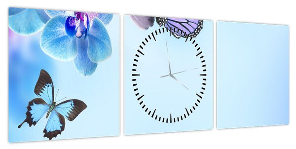 Obraz - Motyl na kwiatach orchidei, niebieski (z zegarem) (90x30 cm)
