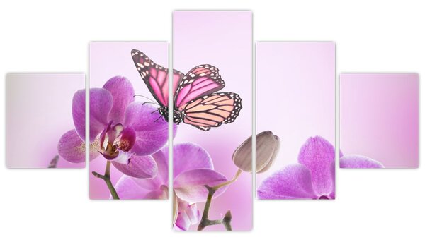 Obraz - Motyl na kwiatach orchidei, liliowy (125x70 cm)