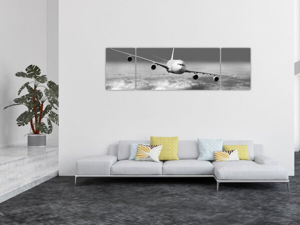 Obraz - Samolot w chmurach, czarno-biały (170x50 cm)