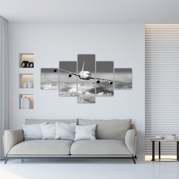 Obraz - Samolot w chmurach, czarno-biały (125x70 cm)