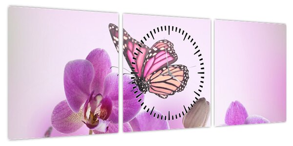 Obraz - Motyl na kwiatach orchidei, liliowy (z zegarem) (90x30 cm)