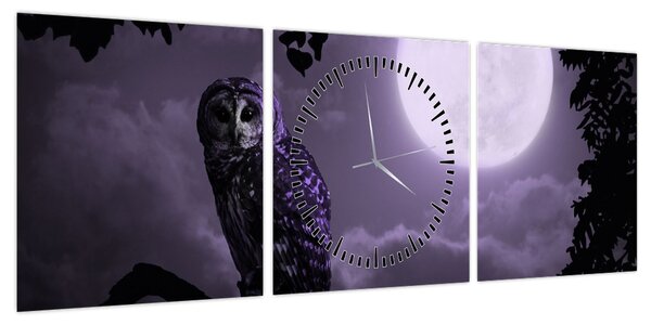 Obraz - Nocna sowa, fioletowy (z zegarem) (90x30 cm)
