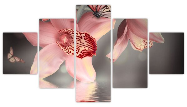 Obraz - Kwiaty i motyl (125x70 cm)