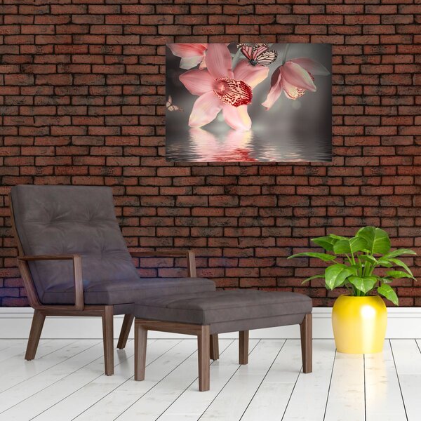 Obraz - Kwiaty i motyl (70x50 cm)