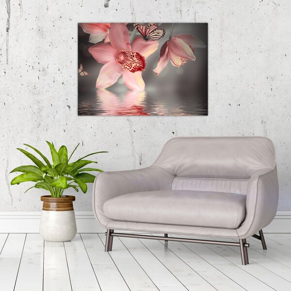 Obraz - Kwiaty i motyl (70x50 cm)