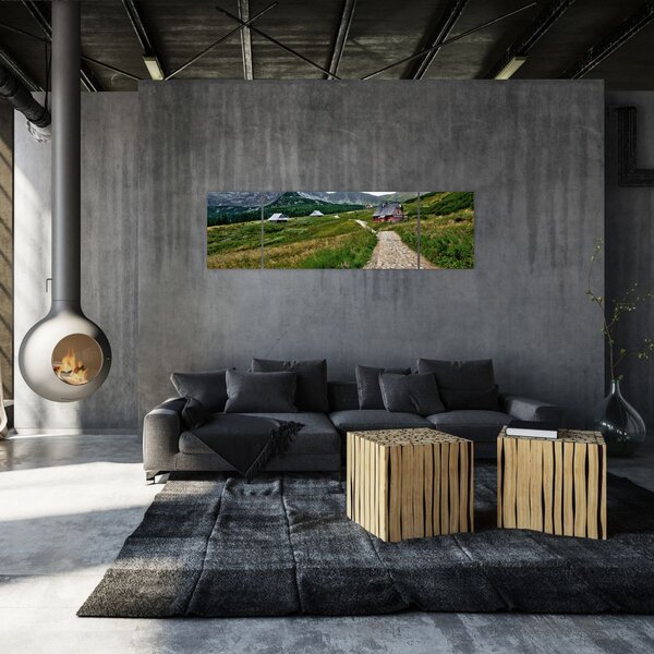 Obraz - Krajobraz górski z domami (170x50 cm)