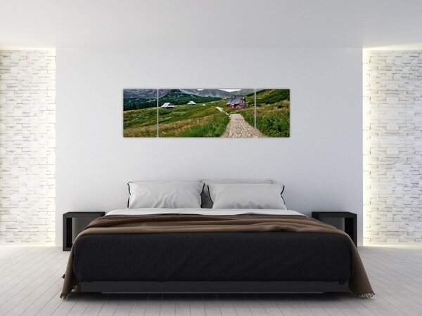 Obraz - Krajobraz górski z domami (170x50 cm)