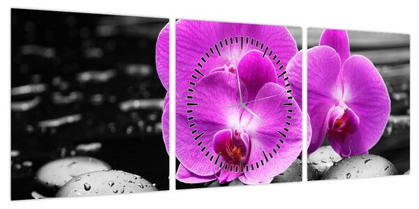 Obraz - Fioletowe orchidee (z zegarem) (90x30 cm)