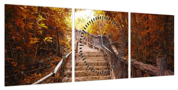 Obraz - Schody w naturze jesienią (z zegarem) (90x30 cm)