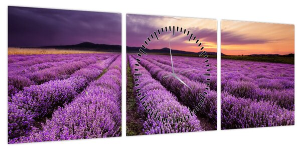 Obraz - Pole lawendy o zachodzie słońca (z zegarem) (90x30 cm)