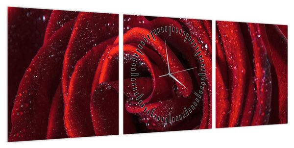 Obraz - Czerwona róża z kroplami rosy (z zegarem) (90x30 cm)