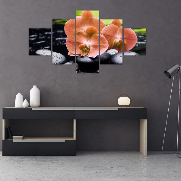 Obraz - Pomarańczowa orchidea z liśćmi palmy (125x70 cm)