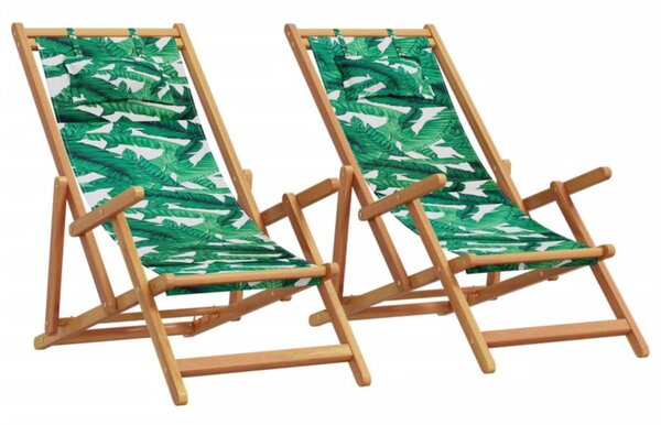 Składane krzesła plażowe 2 szt., wzór w liście tkanina i drewno