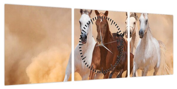 Obraz - Stado koni (z zegarem) (90x30 cm)