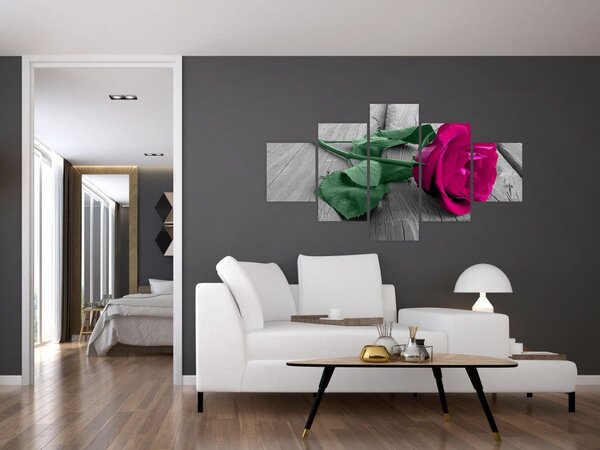 Obraz - Różowa róża z zieloną łodygą (125x70 cm)