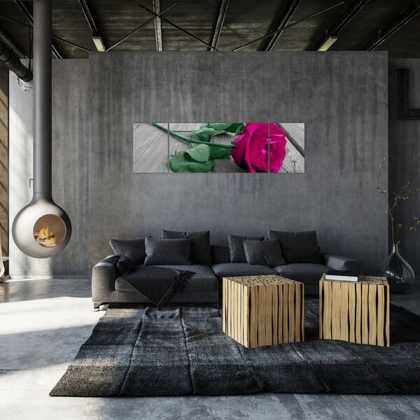 Obraz - Różowa róża z zieloną łodygą (170x50 cm)
