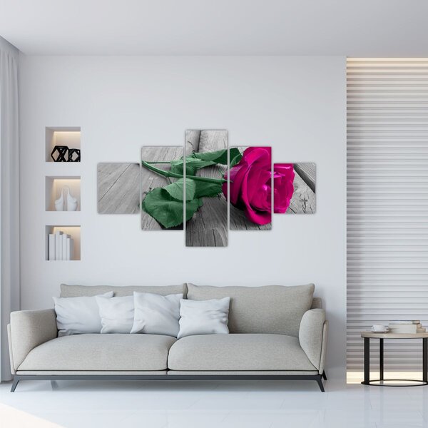 Obraz - Różowa róża z zieloną łodygą (125x70 cm)